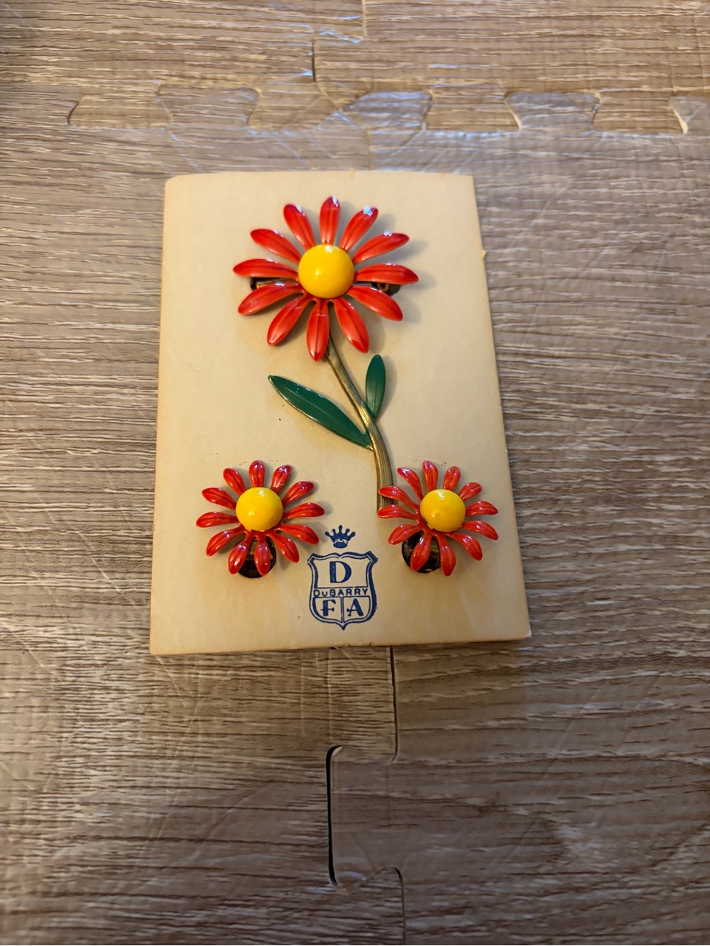 DuBarry Vtg Enamel Daisy Flower Brooch And Earrings Red Orange On Card DFA Pin